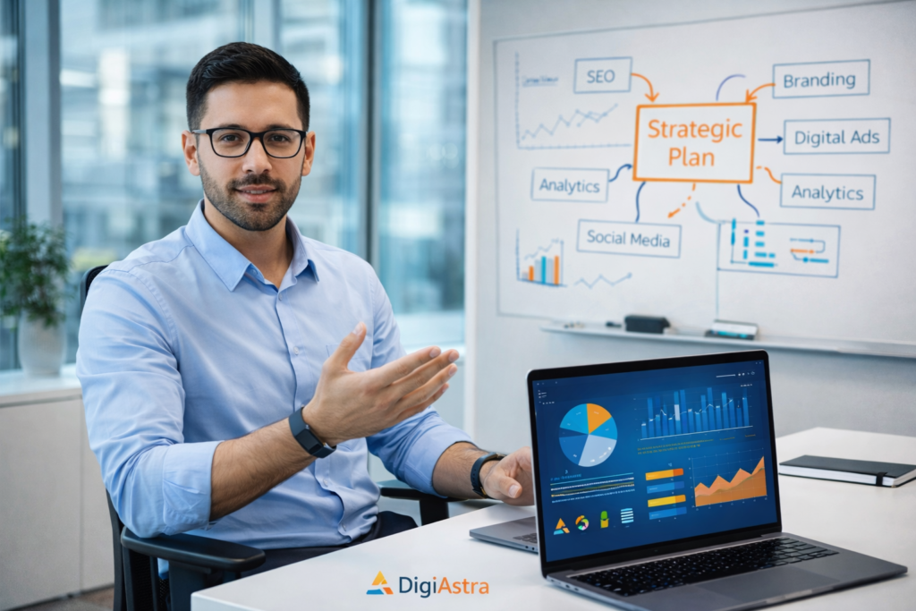 rofessional digital marketer analyzing SEO, branding and analytics strategy on interactive data dashboard in modern office – DigiAstra digital solutions