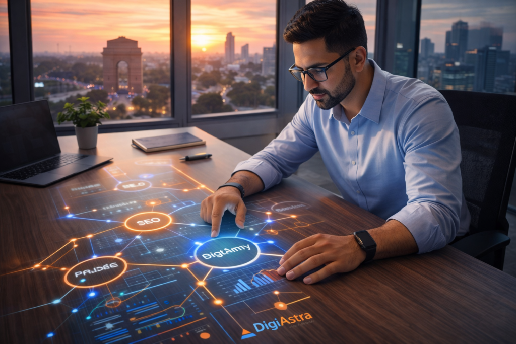 Digital marketing expert working on SEO strategy with data analytics dashboard in modern office at sunset – DigiAstra